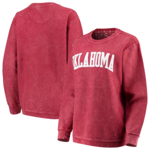 Oklahoma Sooners Pressbox Women’s Comfy Cord Vintage Wash Basic Arch Pullover Sweatshirt – Crimson